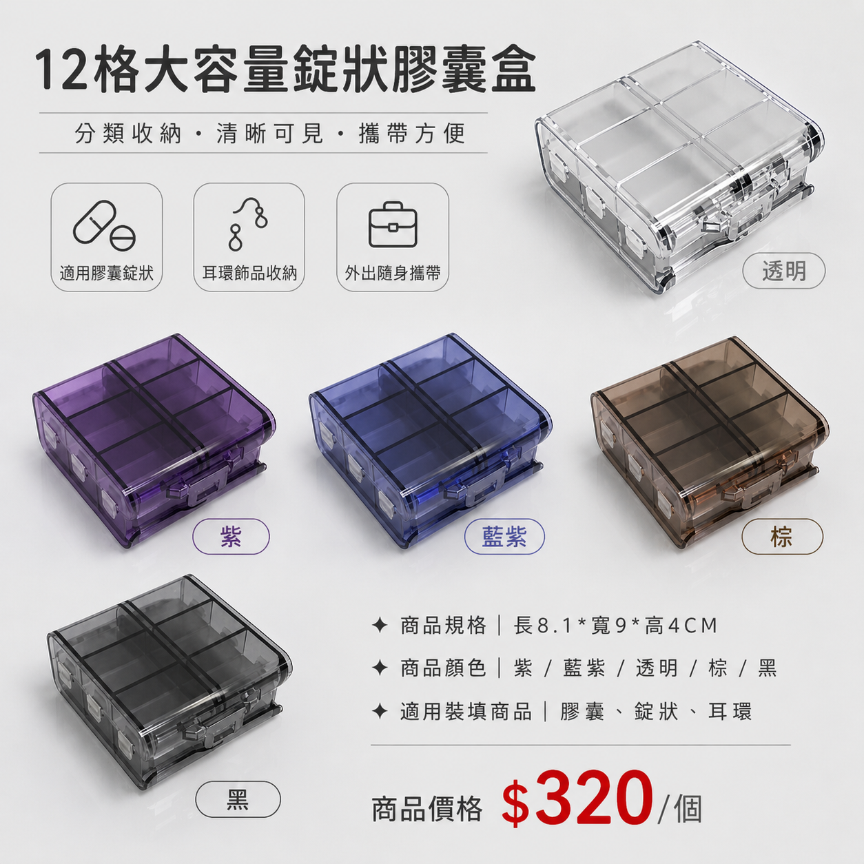 2982小工具- 3BOSSWU小商品｜12格大容量錠狀膠囊盒｜多色可選｜家用分格收納盒｜隨身盒｜$320/個
