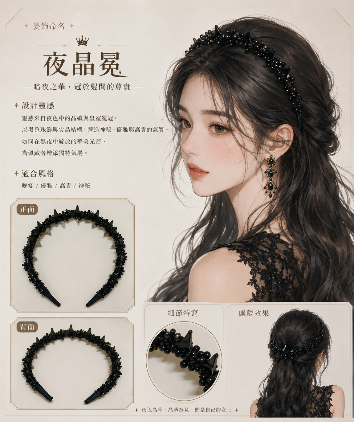 2193髮飾｜3BOSSWU小商品｜夜晶冕｜黑色晶珠尖刺造型髮箍｜髮飾｜ 髮箍｜黑色｜$100