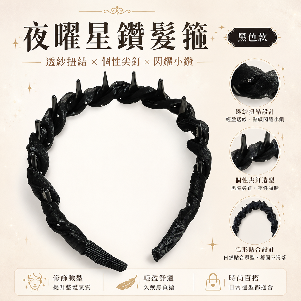 2420髮飾｜3BOSSWU小商品｜銀霧星耀髮箍／夜曜星鑽髮箍｜售價 $110