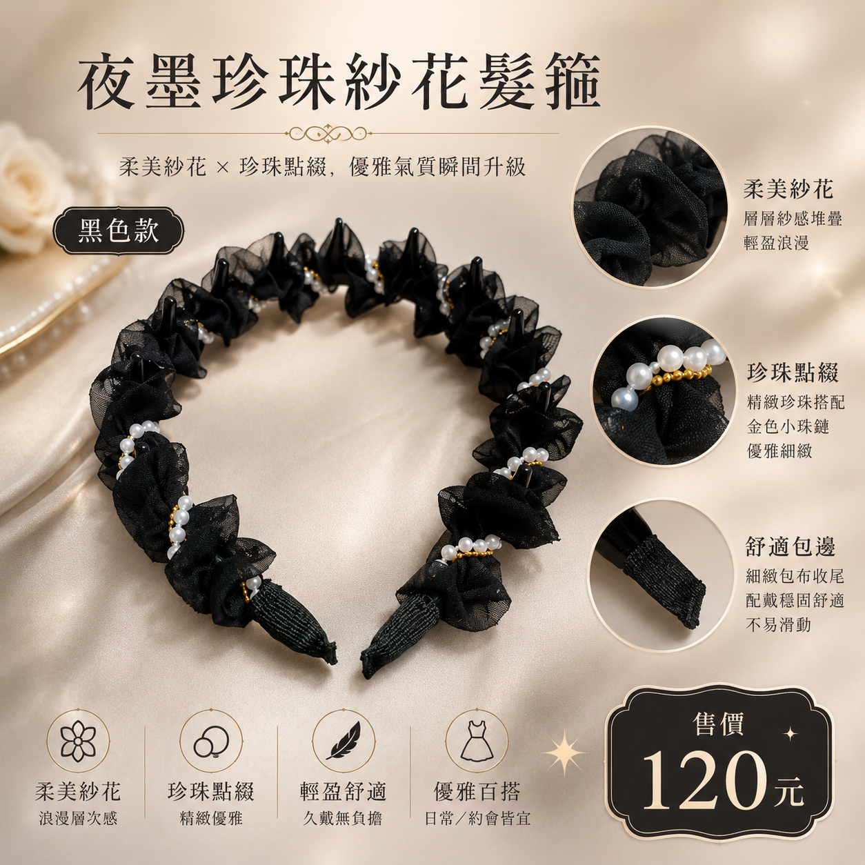 1779髮飾｜3BOSSWU小商品   蜜粉珍珠紗花髮箍／夜墨珍珠紗花髮箍｜售價 $120