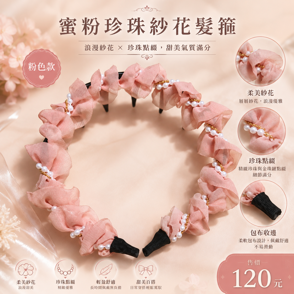 1779髮飾｜3BOSSWU小商品   蜜粉珍珠紗花髮箍／夜墨珍珠紗花髮箍｜售價 $120