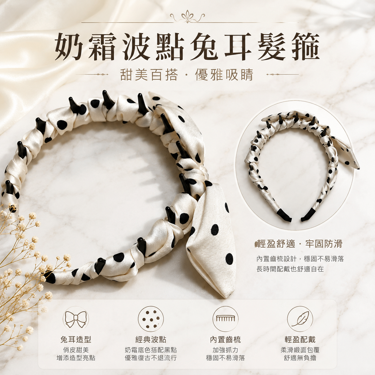 2535髮飾｜3BOSSWU小商品｜奶霜波點兔耳髮箍｜售價 $120