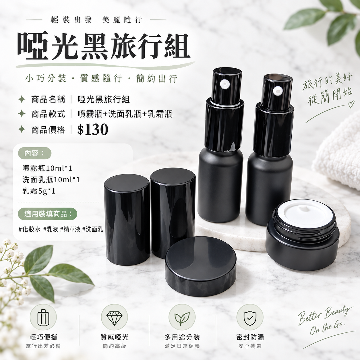 1694小工具-啞光黑旅行組｜噴霧瓶+洗面乳瓶+乳霜瓶｜高質感玻璃外出瓶｜$130