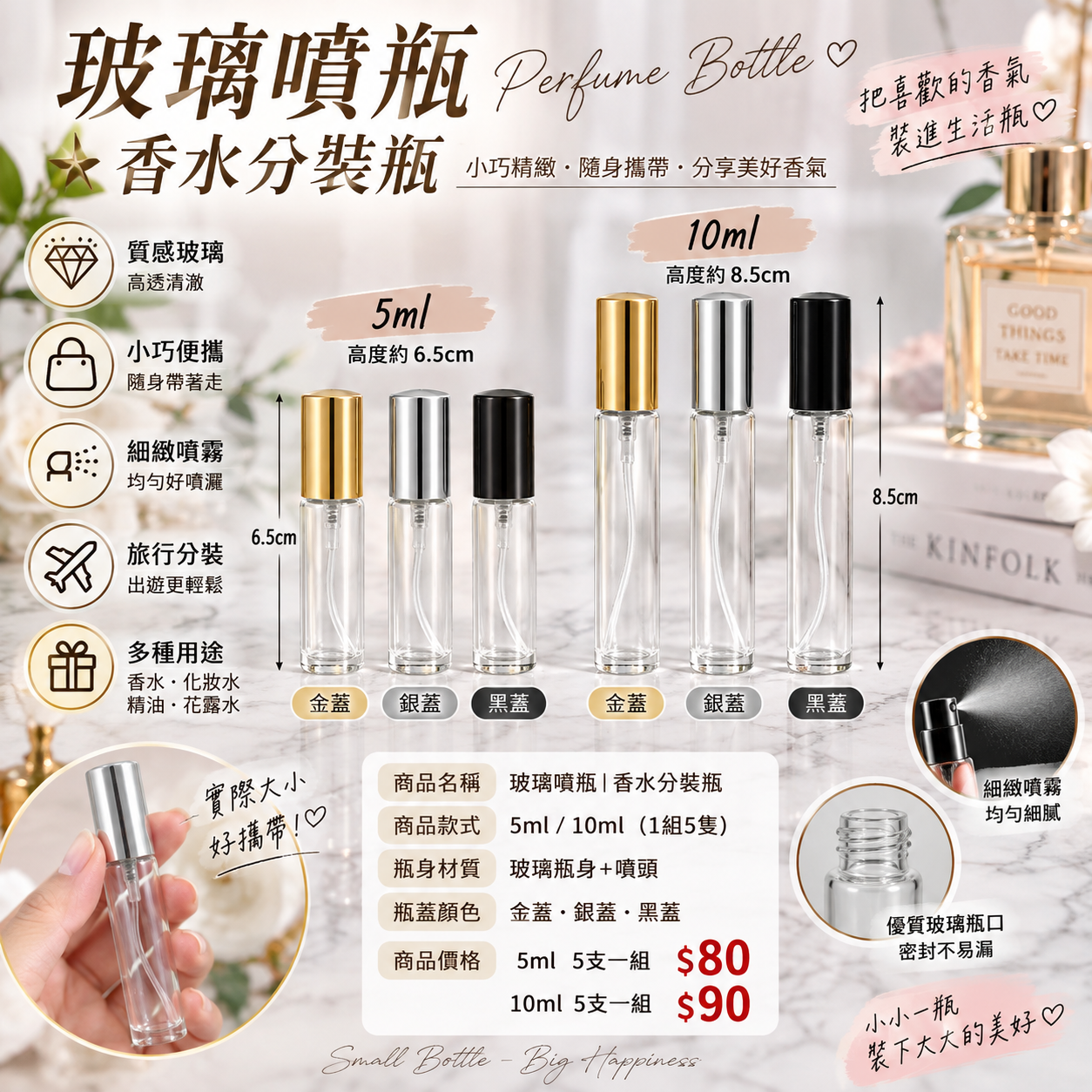 2568小工具｜3BOSSWU小商品｜5ml/10 ml玻璃噴瓶  1組5隻｜香水分裝瓶｜金蓋｜銀蓋｜黑蓋