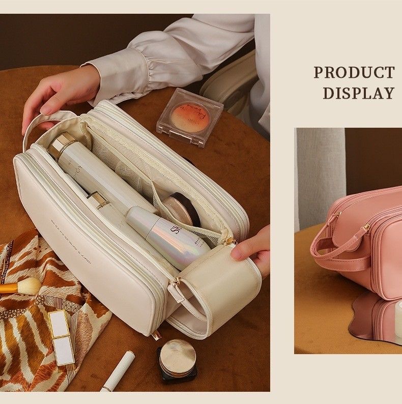9900小工具｜3BOSSWU小商品｜雙拉鍊PU皮革大容量旅行化妝包｜28*16*14.5CM｜棕色/灰色｜$490
