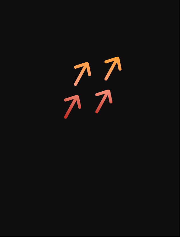Four upward-pointing arrows in a diagonal layout, colored orange to red, on a black background.