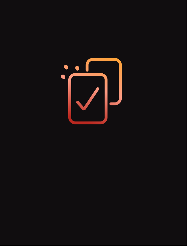 Two overlapping cards, one with a checkmark. Gradient of orange and pink on black.