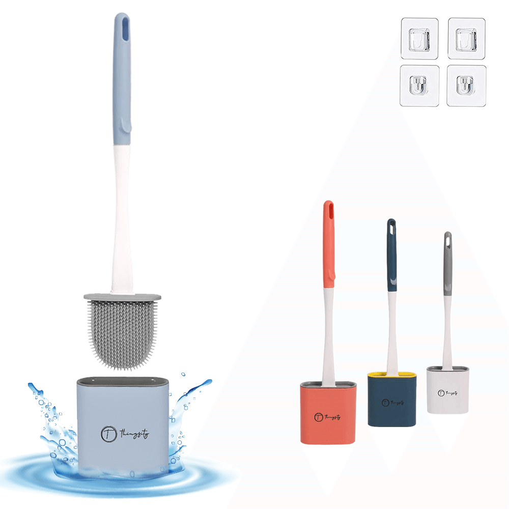 THINGSITY Bathroom Silicone Toilet Brush and Holder Set with Strong Grip Long Plastic Handle