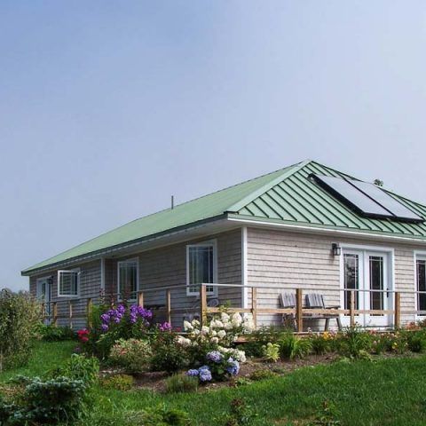 Single-story house with a green metal roof and flower garden in front