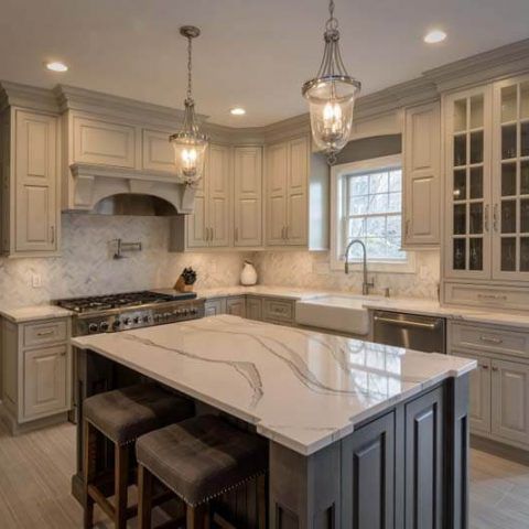 Elegant beige kitchen with marble island, pendant lights, built-in cabinets, and large window