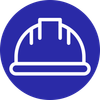 Blue circular hard hat safety icon on white background