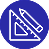 White ruler, pencil, and set square icon on a blue circle background