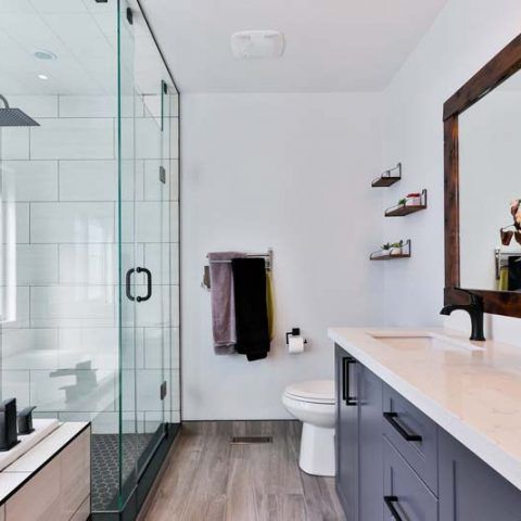 Modern bathroom with glass shower, white toilet, wood floor, and gray vanity with mirror
