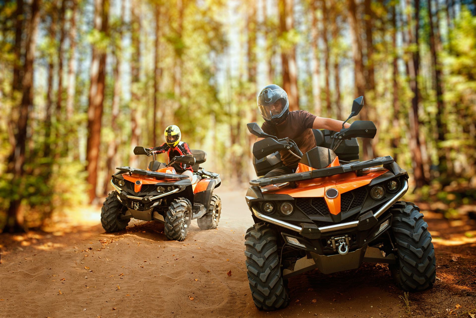 Two riders on ATVs speeding through a forest trail, kicking up dust.