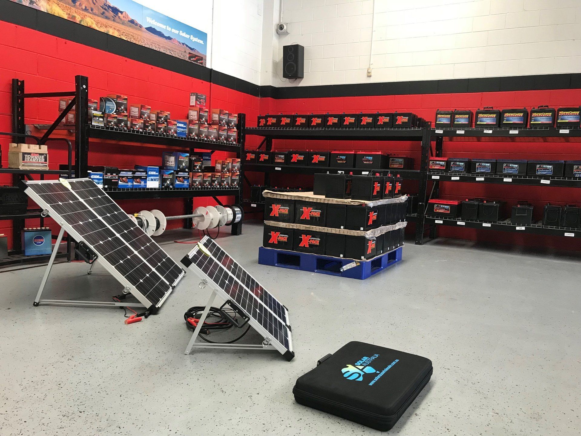 Battery rack and solar power setup at Battery Traders Slacks Creek