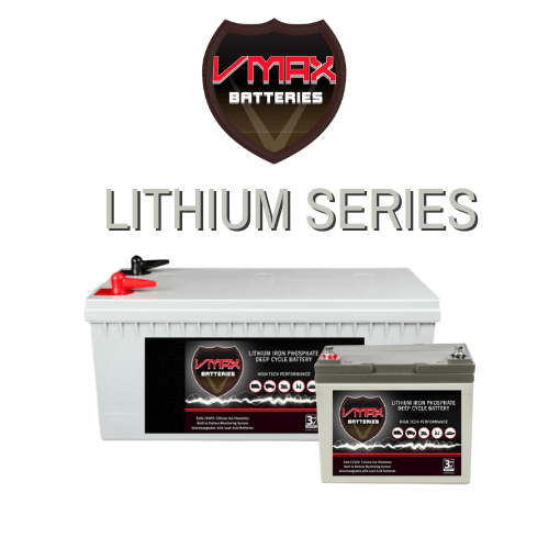 Vmax Batteries lithium series white battery with red terminals and smaller gray battery on white background