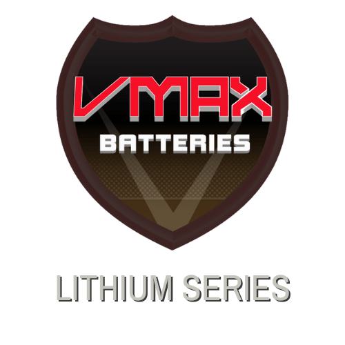 VMAX Batteries shield logo in red and black with “Lithium Series” text below