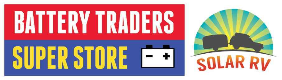 Battery Traders Super Store and Solar RV logos, with red, blue, and yellow text and a sun graphic