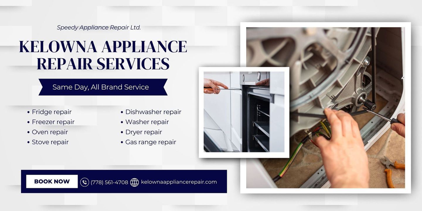 Info banner listing services done by Speedy Appliance Repair Ltd in Kelowna BC