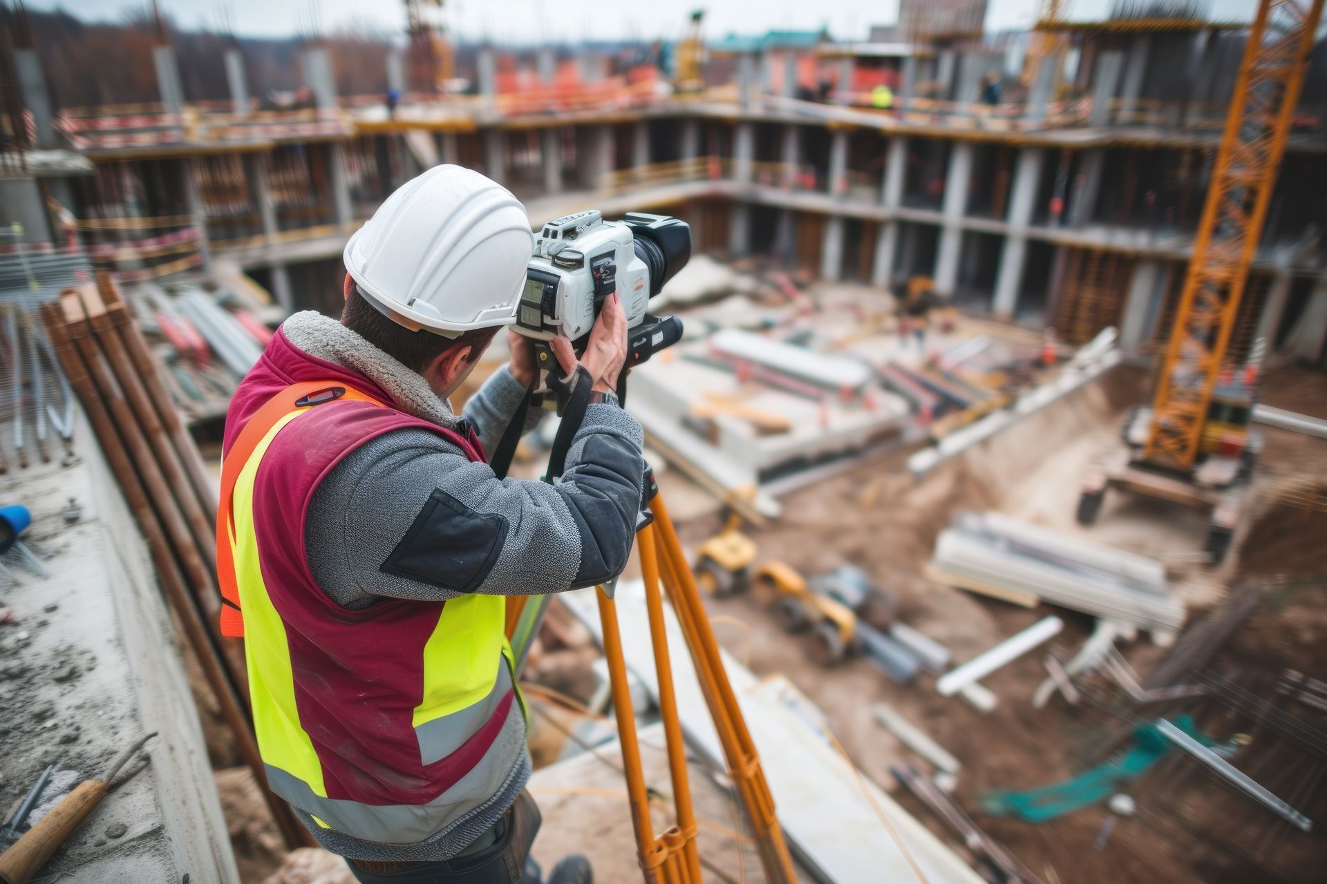 A surveyor in a hard hat and reflective vest uses a total station on a tripod to measure an active construction site.