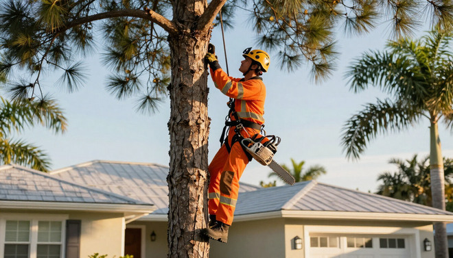 Arborist in orange safety gear climbing a tree with a rope near a house Arborist in orange safety gear climbing a tree with a rope near a house