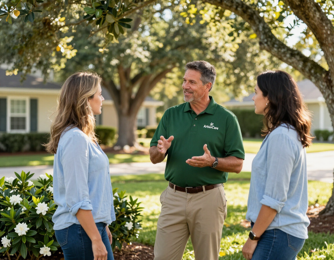 Three people talk in a sunny yard Three people talk in a sunny yard
