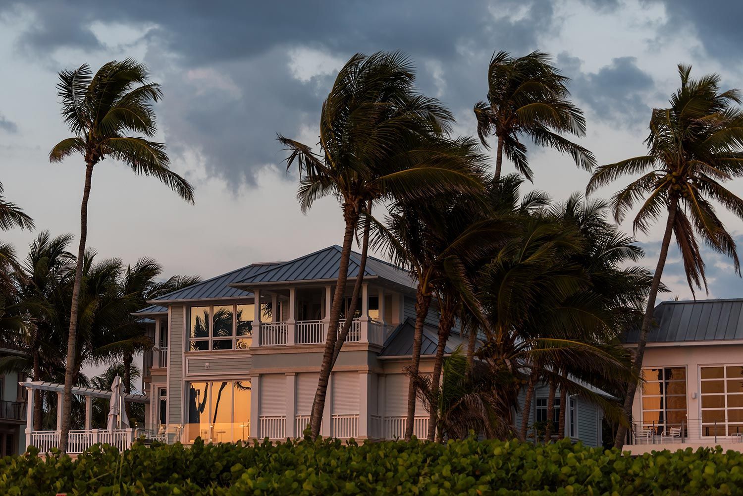 Stormy coastal house with tall palm trees swaying at dusk
