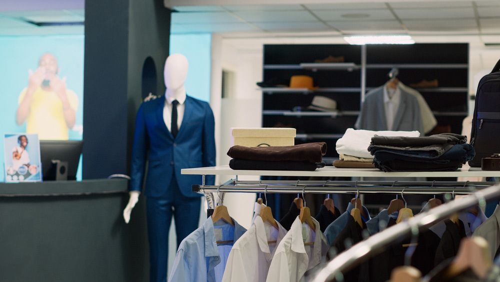 A Man Is Taking A Picture Of A Mannequin In A Suit In A Clothing Store — L.A.F Electrical P/L In Umina, NSW