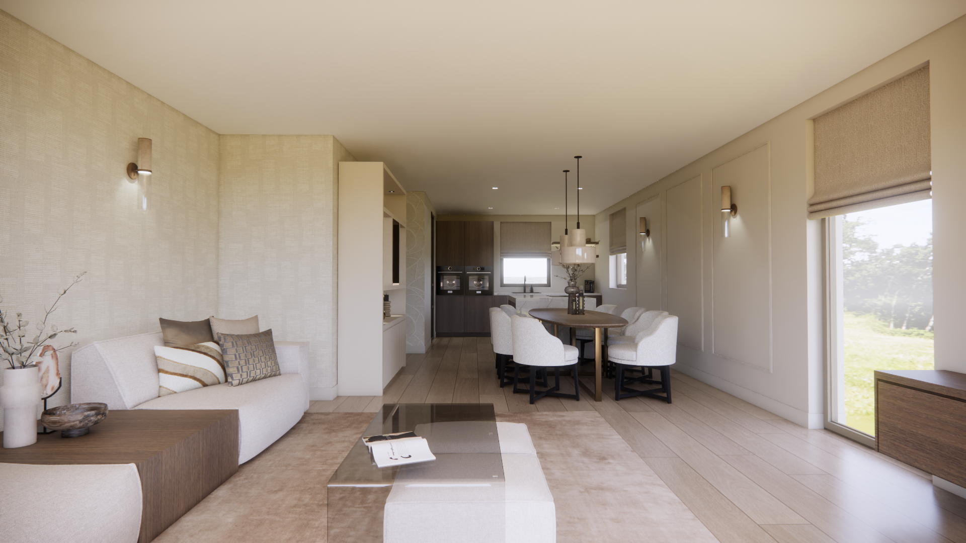 Lichte, moderne woon-eetkamer met beige bank, witte stoelen en grote ramen.
