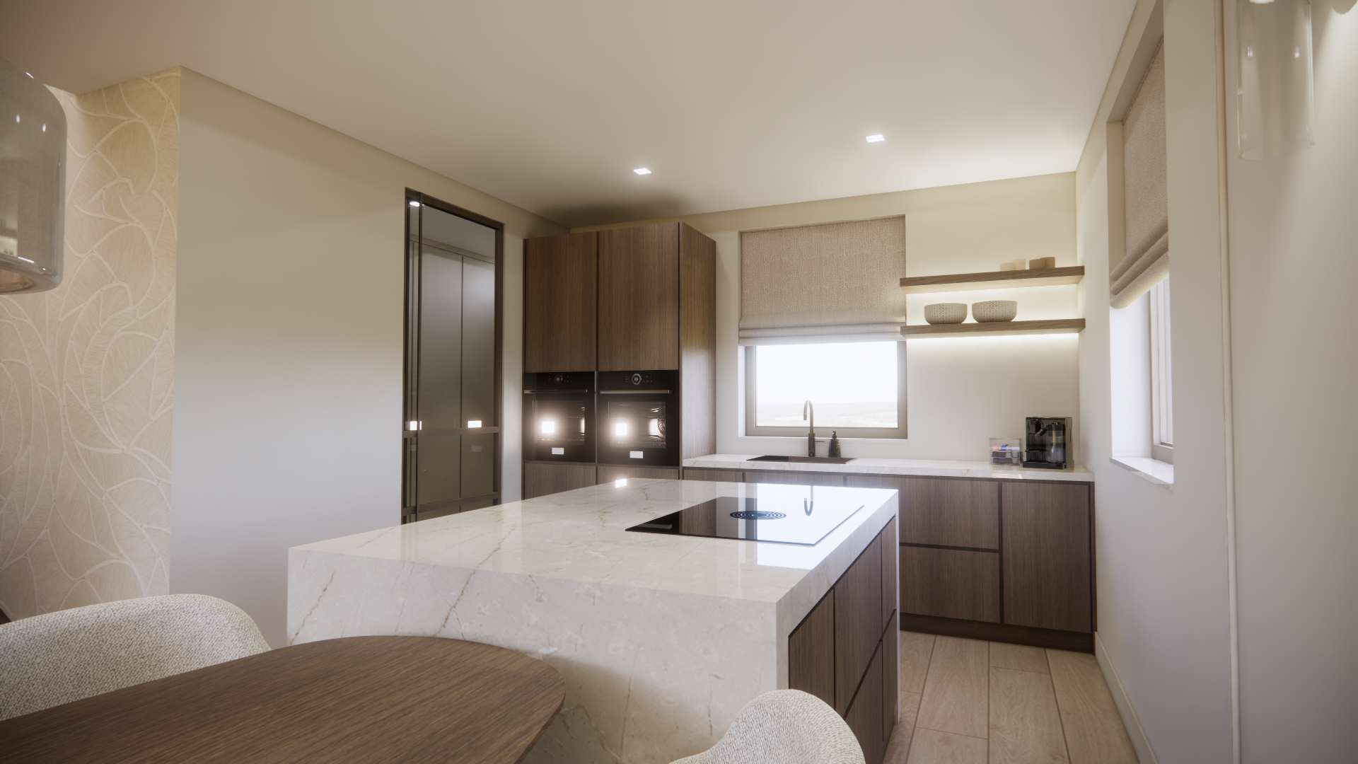 Moderne beige keuken met kookeiland, donkere kasten, spoelbak en veel daglicht door het raam.
