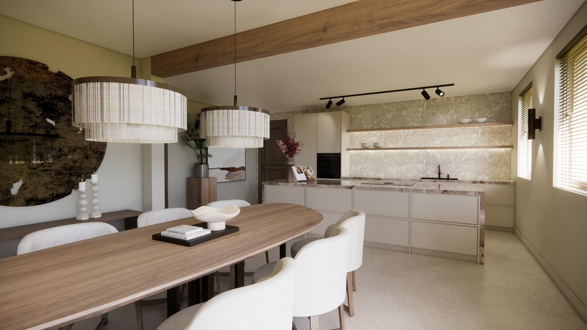 Minimalistische slaapkamer met een groot bed, neutrale inrichting, hanglamp en veel lichtinval door het raam.