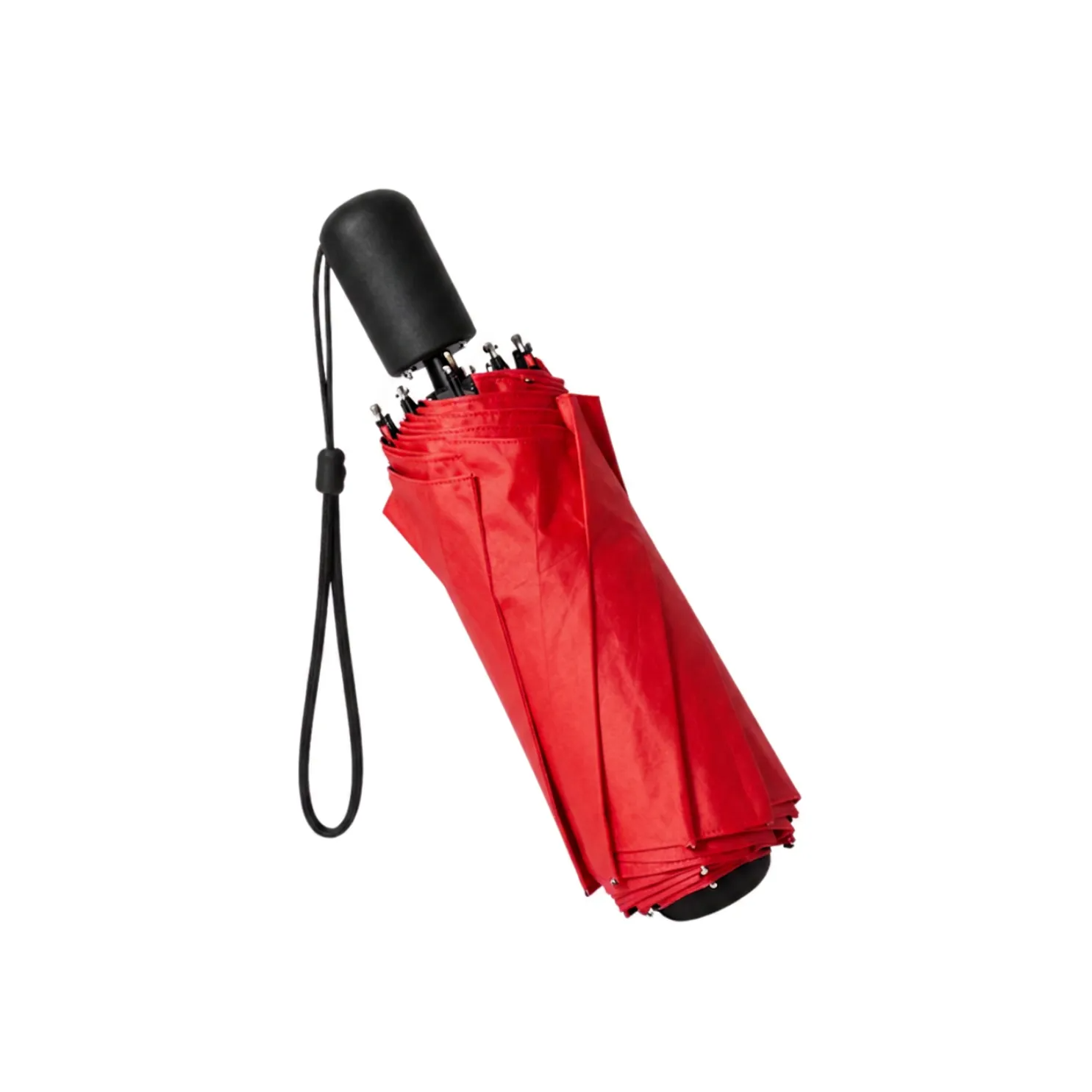 Closed red umbrella with black handle and wrist strap on a white background
