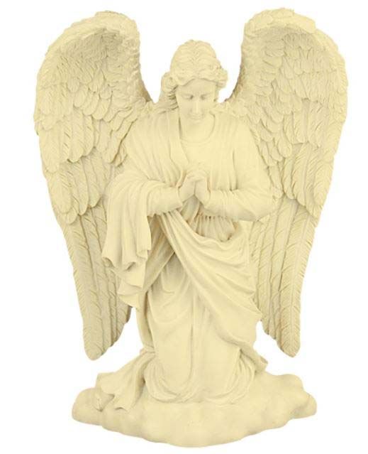 A statue of an angel with wings holding a cloth