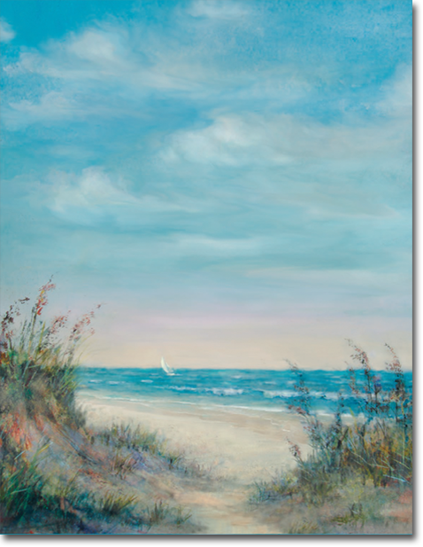 A painting of a beach with a path leading to the ocean.