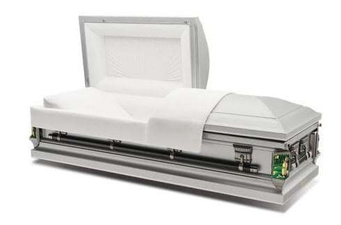 A silver metal casket with the lid open on a white background.