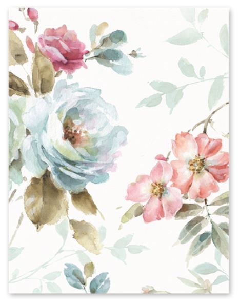 A watercolor painting of flowers and leaves on a white background.