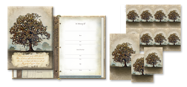A book is open to a page with a tree on it.