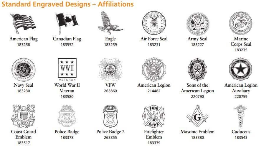 A list of standard engraved designs and their affiliation