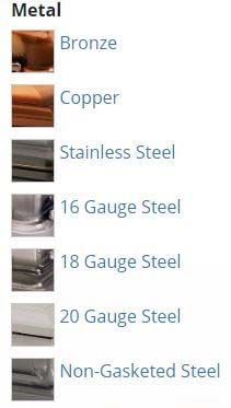 A list of different types of metals including bronze copper stainless steel and non-gasketed steel.