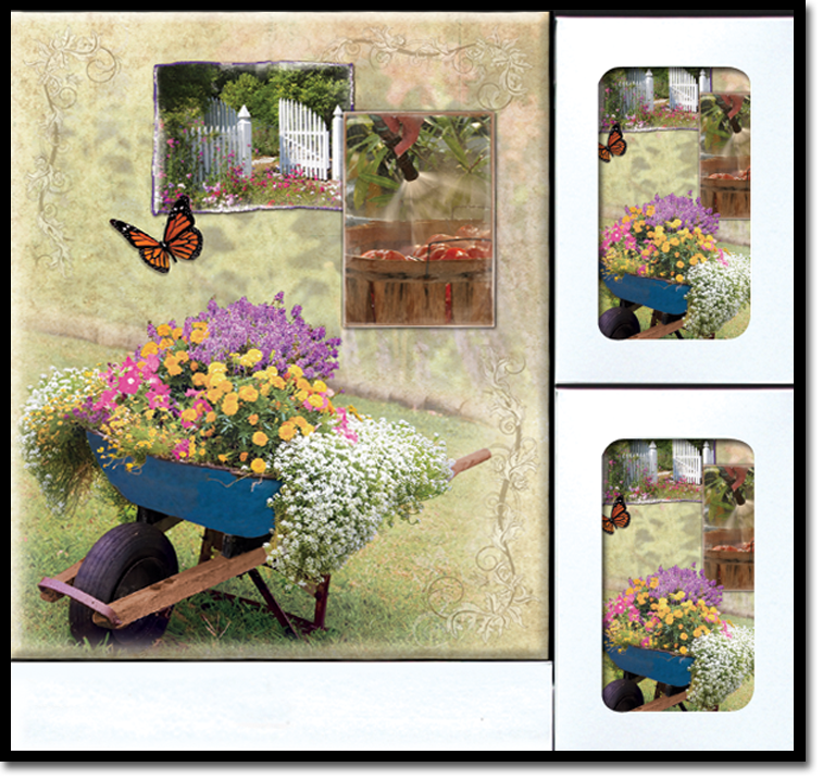 A picture of a wheelbarrow filled with flowers and butterflies