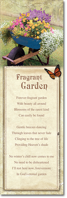 A bookmark with a wheelbarrow filled with flowers and a butterfly on it.