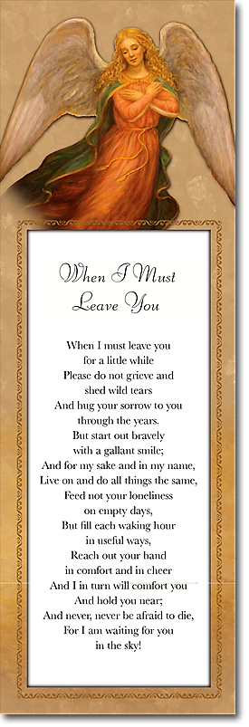 A bookmark with a picture of an angel and a poem on it.
