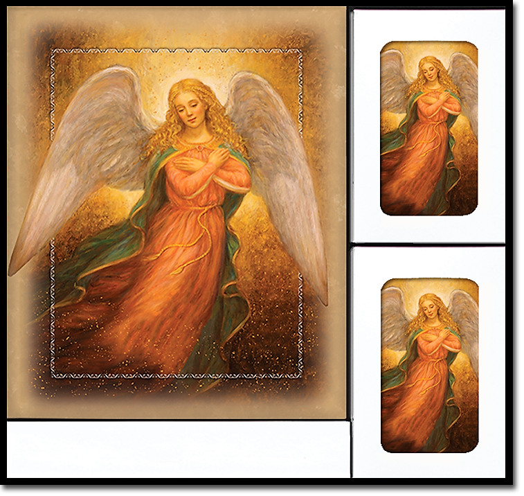 A painting of an angel in a red dress