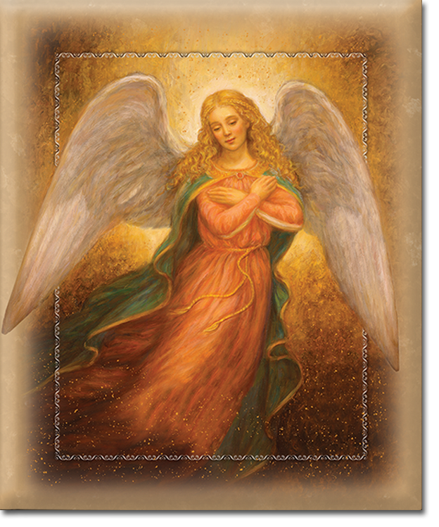 A painting of an angel in a red dress