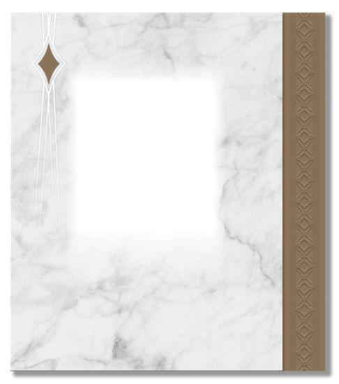A picture frame with a marble background and a brown border