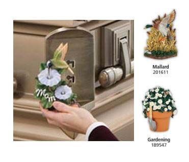 A person is holding a flower in front of a mailbox.