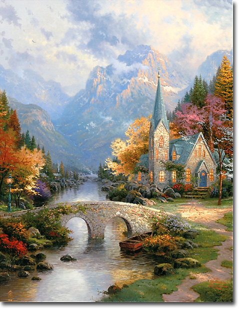 A painting of a church in the mountains with a bridge over a river.