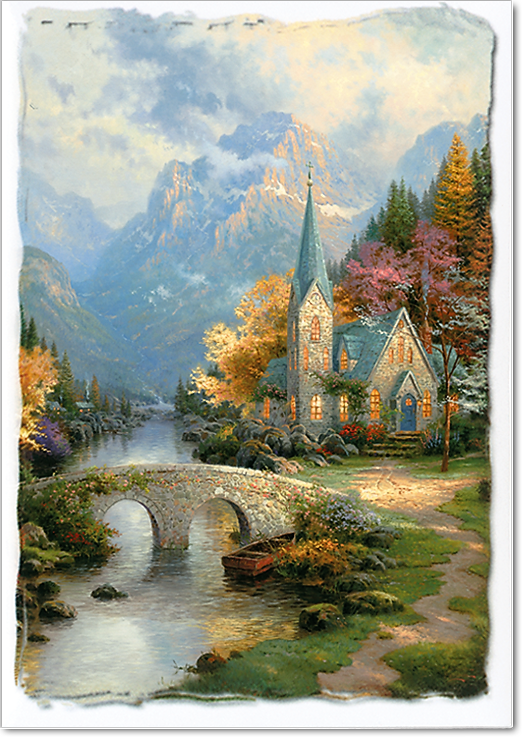 A painting of a church with mountains in the background