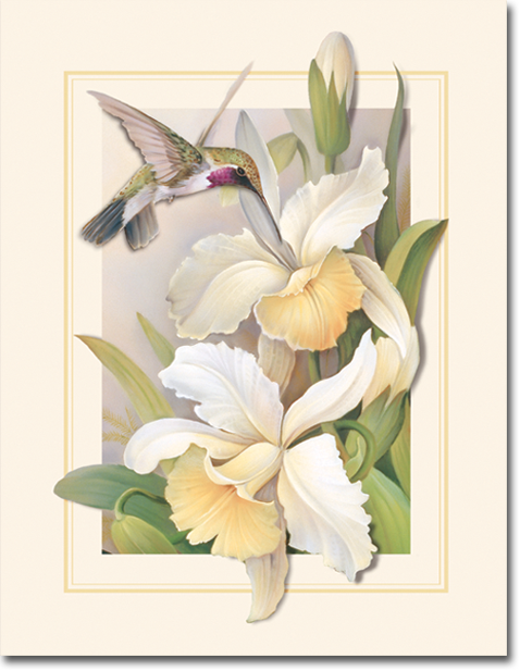 A painting of a hummingbird sitting on a flower