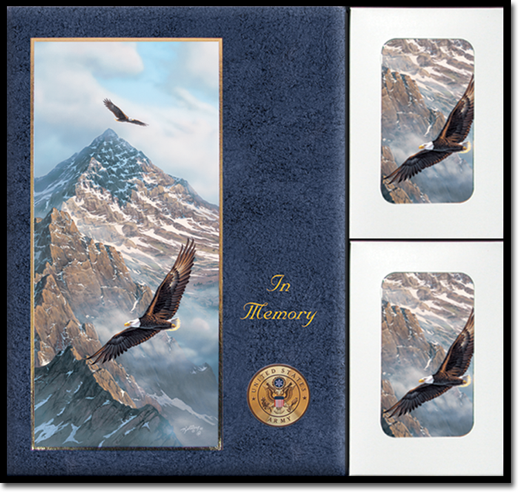 A picture of two eagles flying over a mountain says in memory